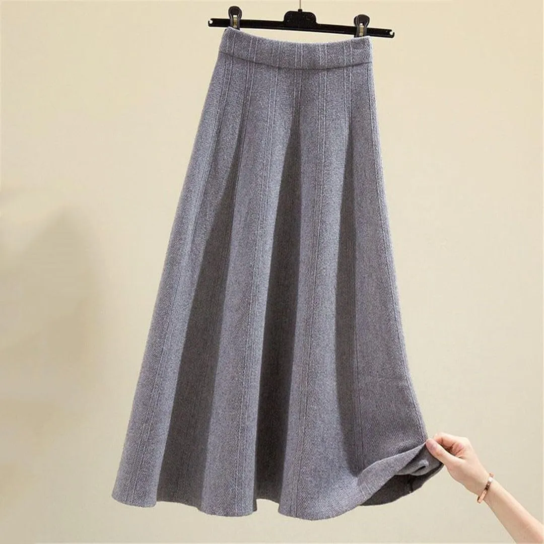 Thick Mid-Length Knitted Skirt Women High Waist A-Line Midi Skirts Autumn Winter Solid Color Pleated Skirts