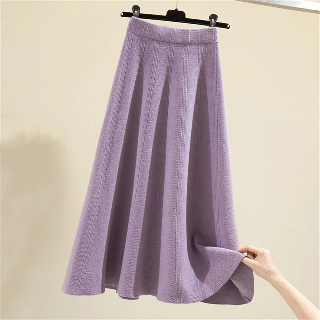 Thick Mid-Length Knitted Skirt Women High Waist A-Line Midi Skirts Autumn Winter Solid Color Pleated Skirts
