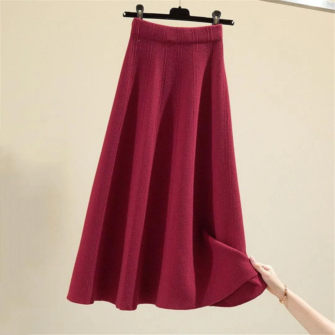 Thick Mid-Length Knitted Skirt Women High Waist A-Line Midi Skirts Autumn Winter Solid Color Pleated Skirts