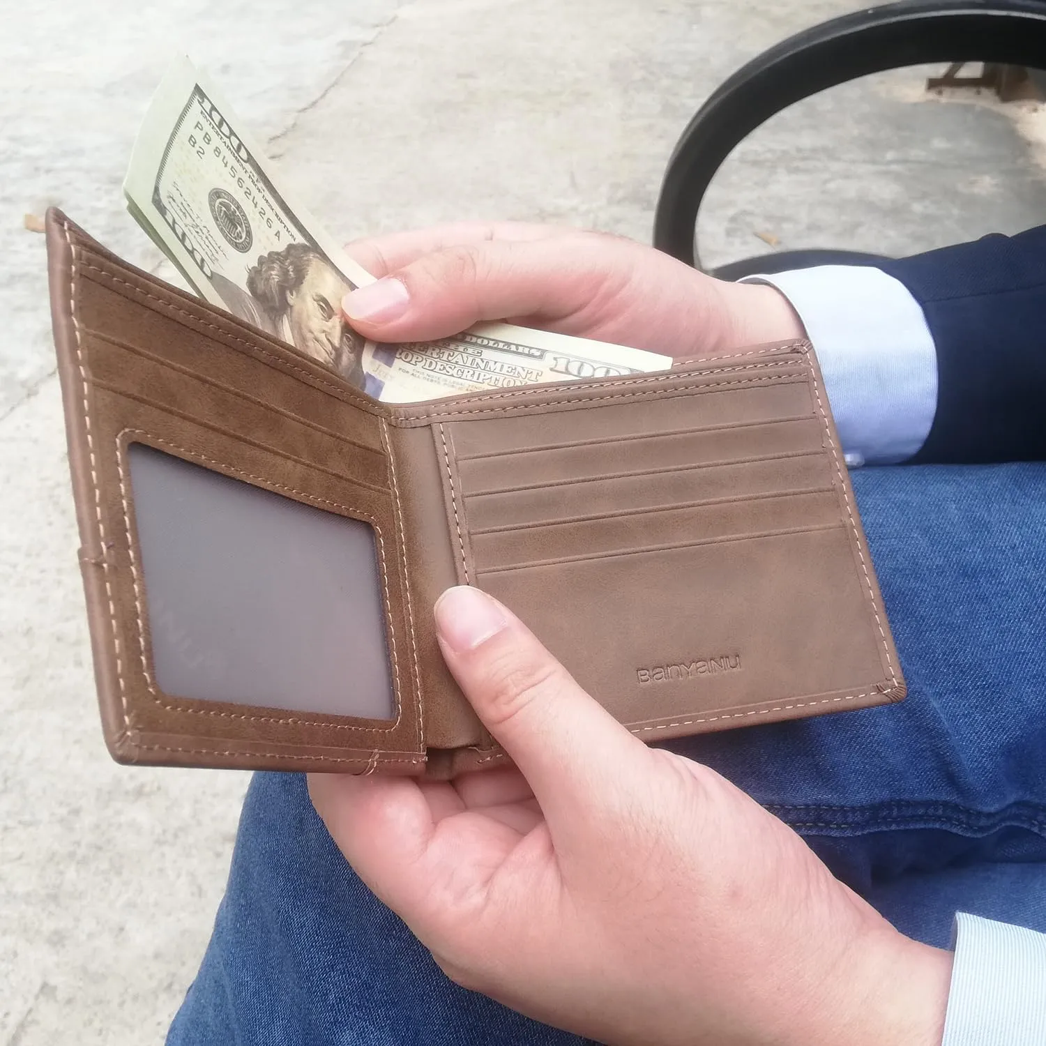 Thin Mens Wallet Leather RFID Blocking, Large Capacity Bifold Slim Minimalist Purse Card Holder with ID Window