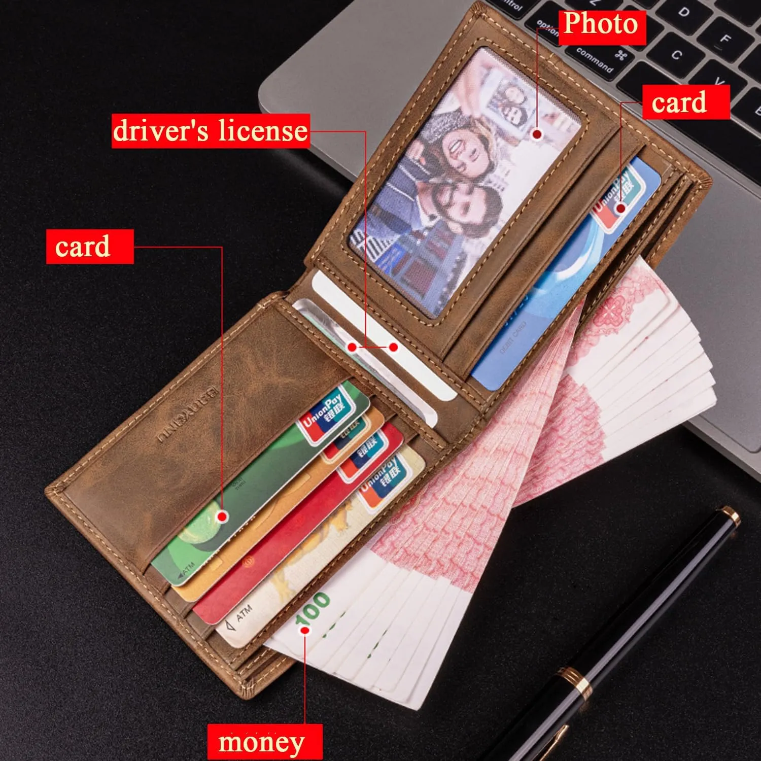 Thin Mens Wallet Leather RFID Blocking, Large Capacity Bifold Slim Minimalist Purse Card Holder with ID Window