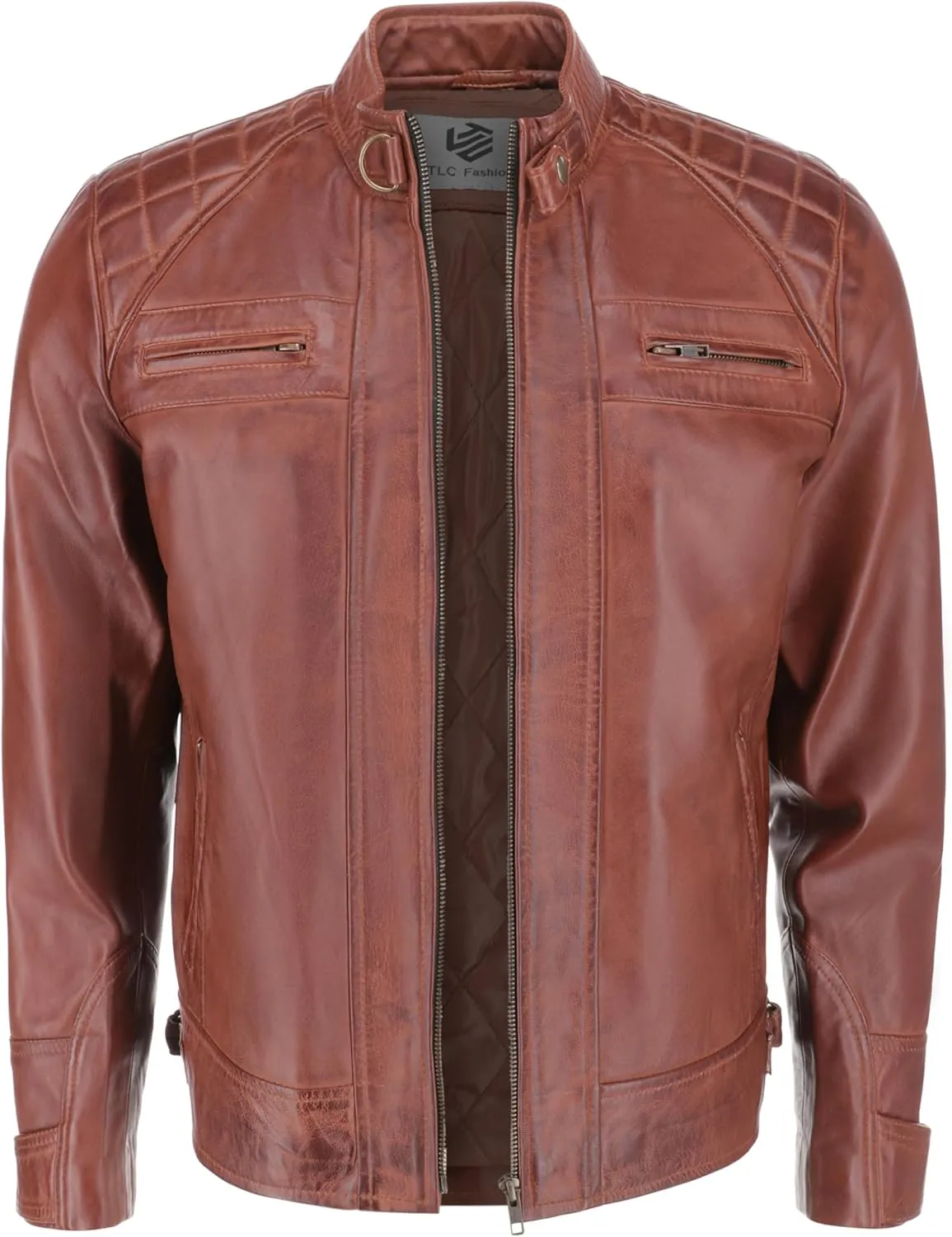 TLC Men's Genuine Leather Motorcycle Jacket - Lambskin Diamond Quilted Leather Jacket, Cafe Racer Leather Jacket