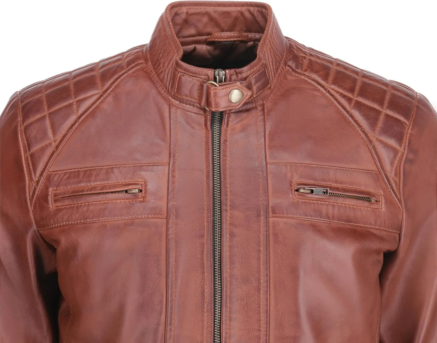 TLC Men's Genuine Leather Motorcycle Jacket - Lambskin Diamond Quilted Leather Jacket, Cafe Racer Leather Jacket