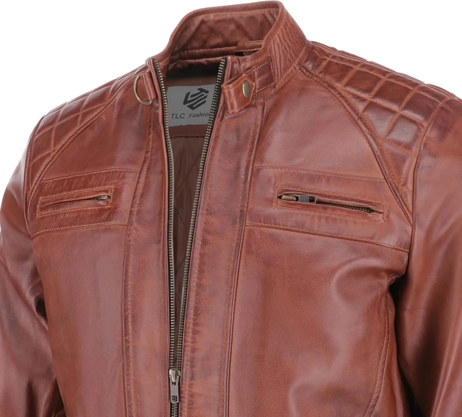 TLC Men's Genuine Leather Motorcycle Jacket - Lambskin Diamond Quilted Leather Jacket, Cafe Racer Leather Jacket
