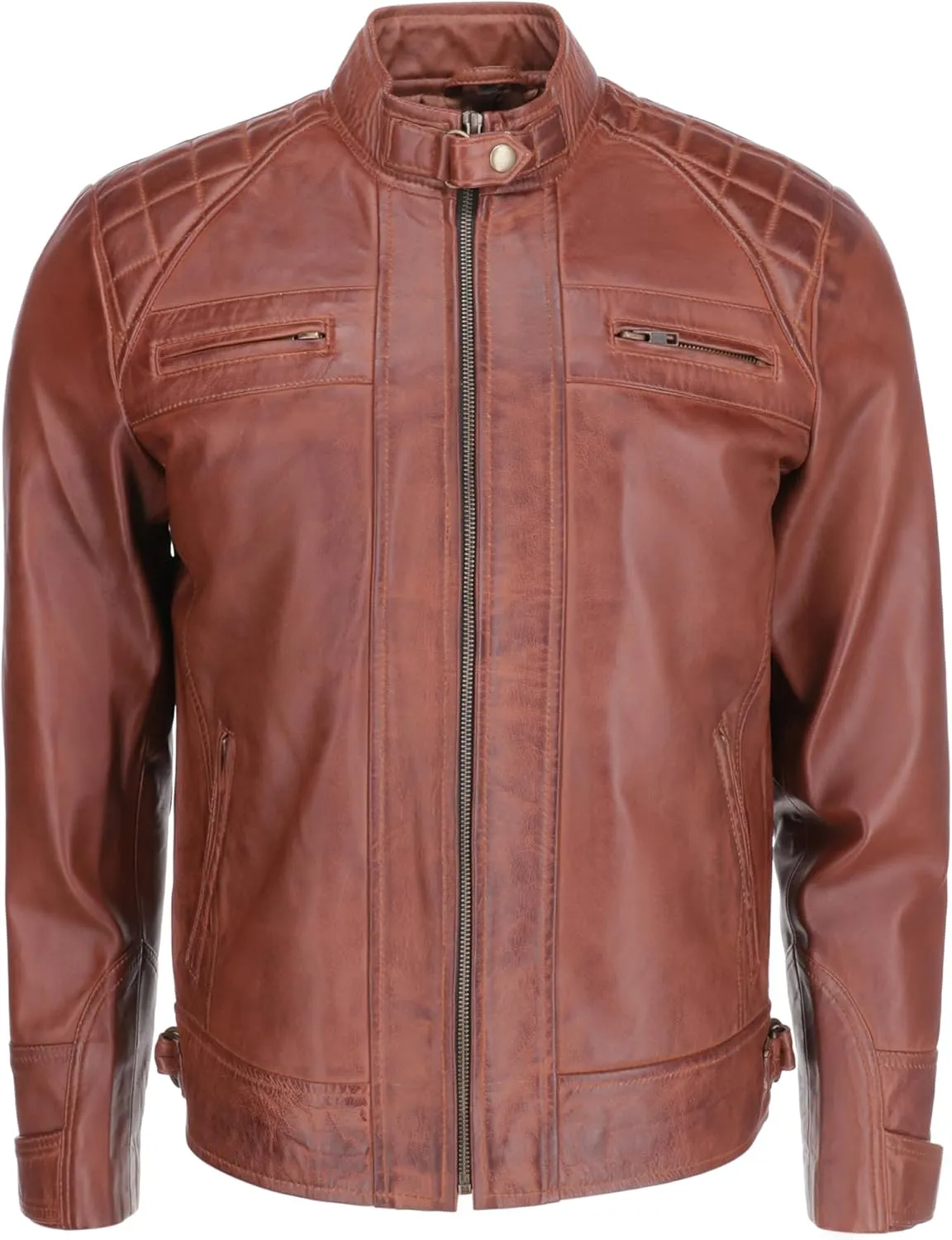TLC Men's Genuine Leather Motorcycle Jacket - Lambskin Diamond Quilted Leather Jacket, Cafe Racer Leather Jacket