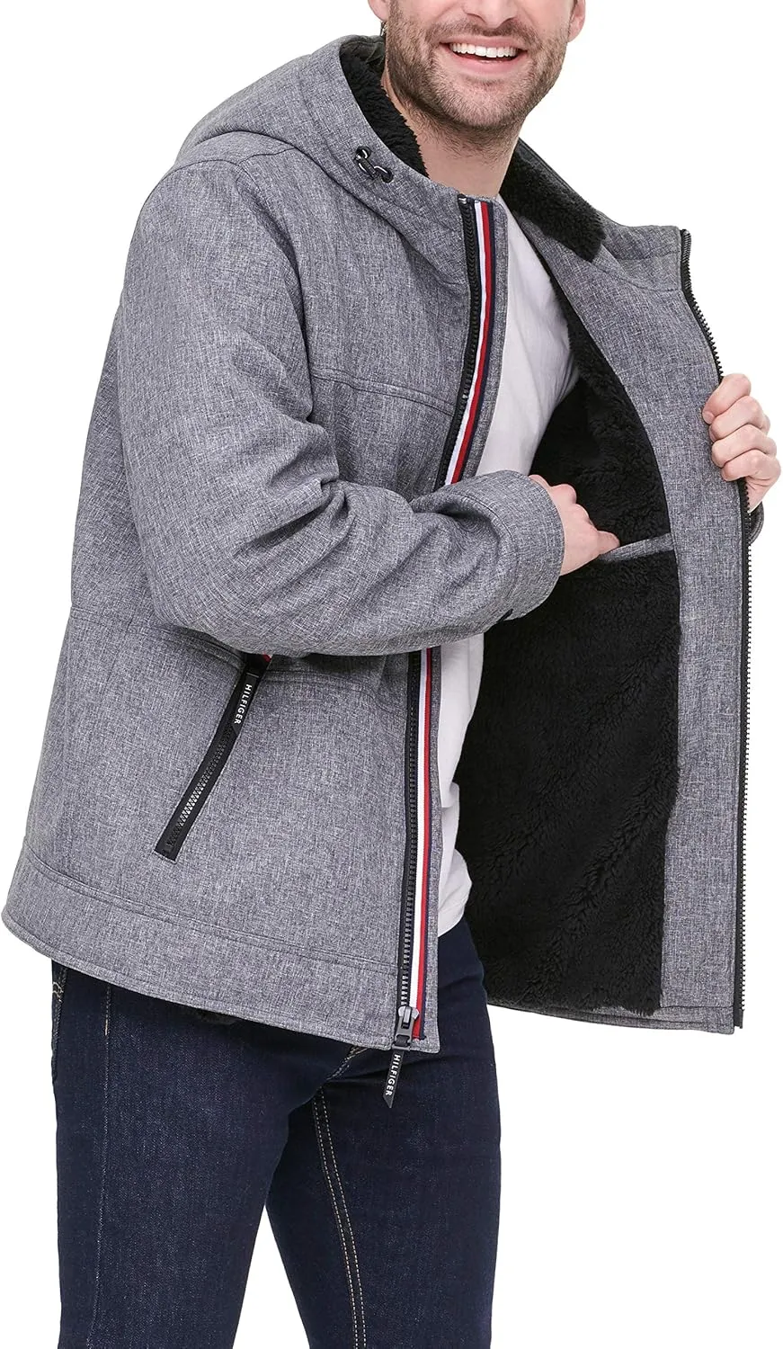 Tommy Hilfiger Mens Hooded Soft Shell Sherpa Lined Performance Field Jacket