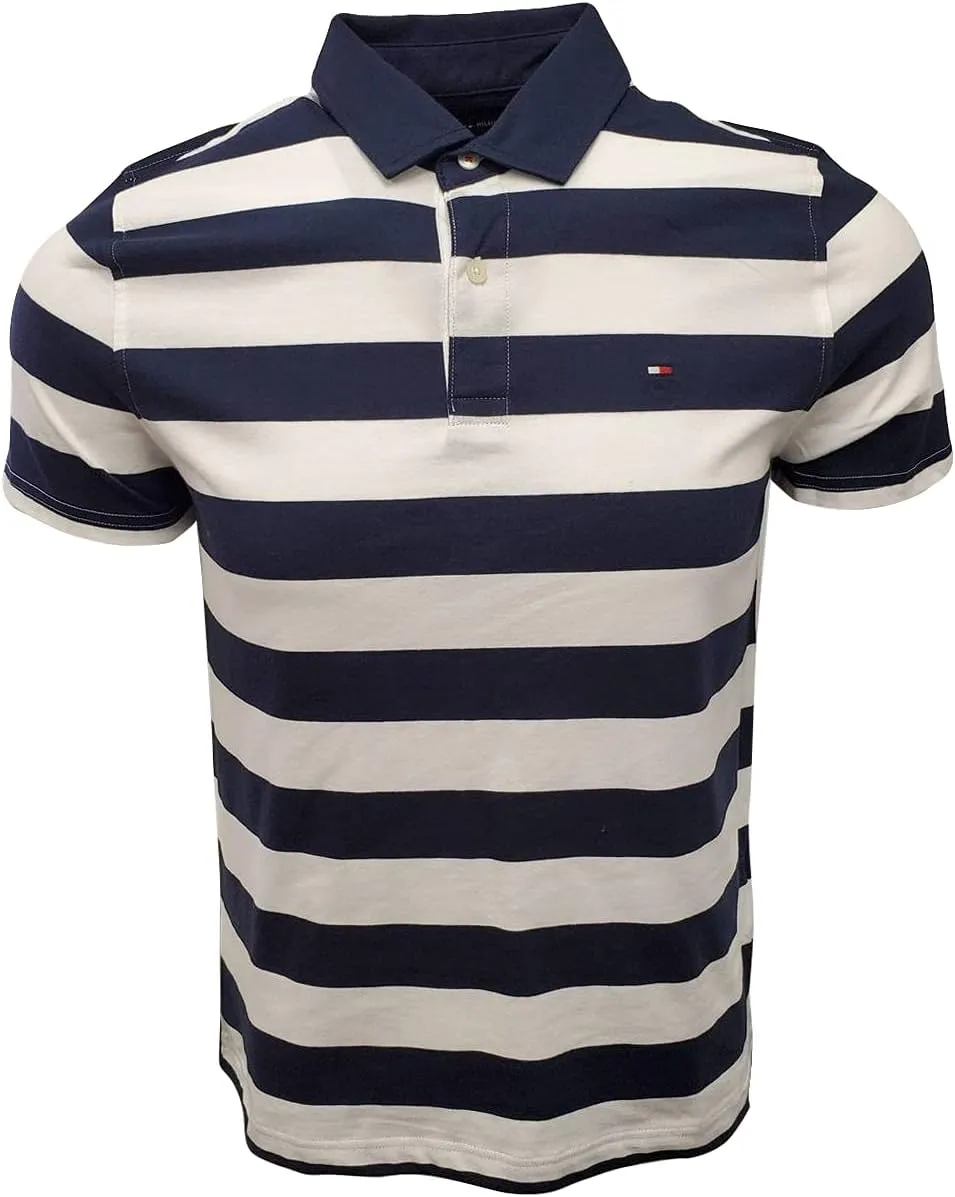 Tommy Hilfiger Men's Striped Soft Cotton Polo (Small, Navy/White. (Wide))
