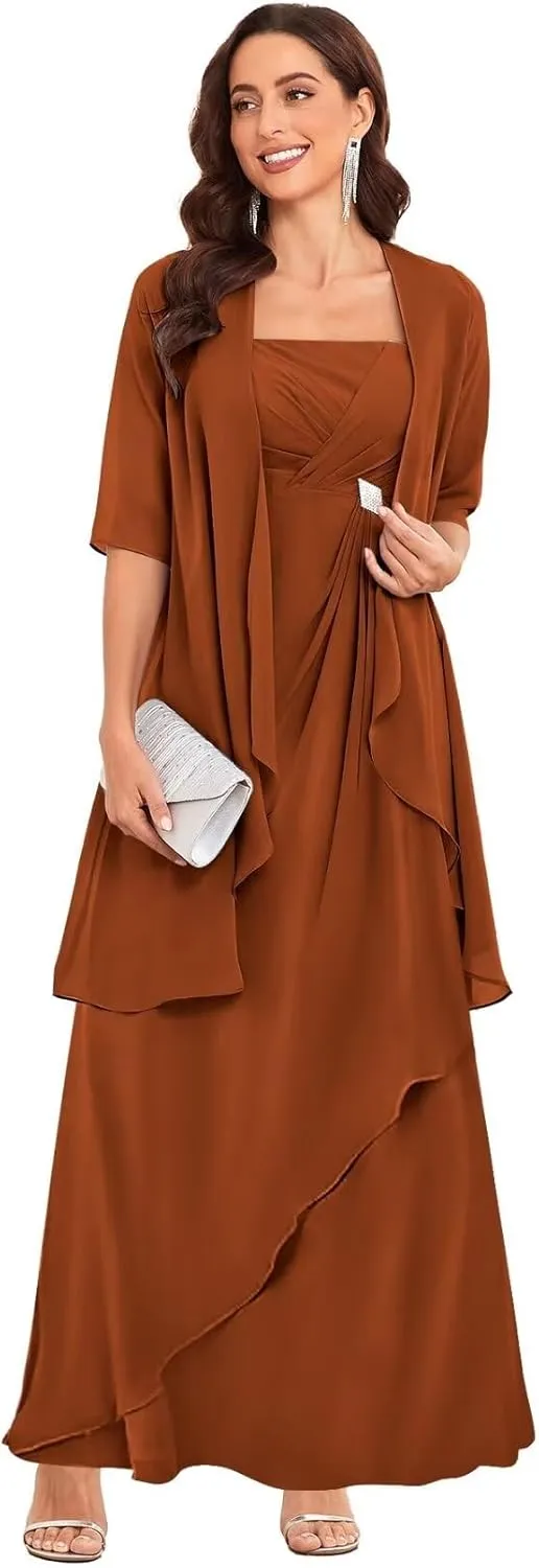 TORYEMY 2 Pieces Mother of The Bride Dresses with Jacket for Wedding Half Sleeve Long Chiffon Formal Evening Dresses
