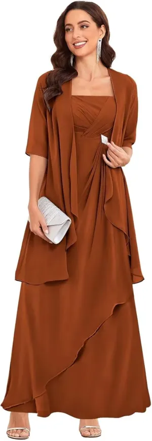 TORYEMY 2 Pieces Mother of The Bride Dresses with Jacket for Wedding Half Sleeve Long Chiffon Formal Evening Dresses