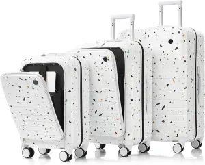Travel-Friendly 3-Piece Luggage Set with USB Port, Cup Holder and Spinner Wheels, Starry Sky White