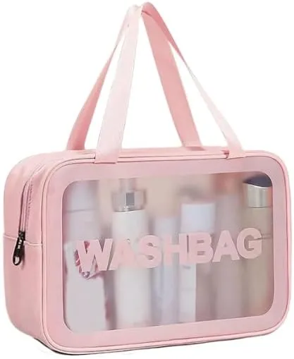 Travel-Friendly Transparent Wash Bag - Waterproof Toiletry and Cosmetic Organizer with Zipper Closure - Perfect for Gym, Travel, and Everyday Use, Pink/white
