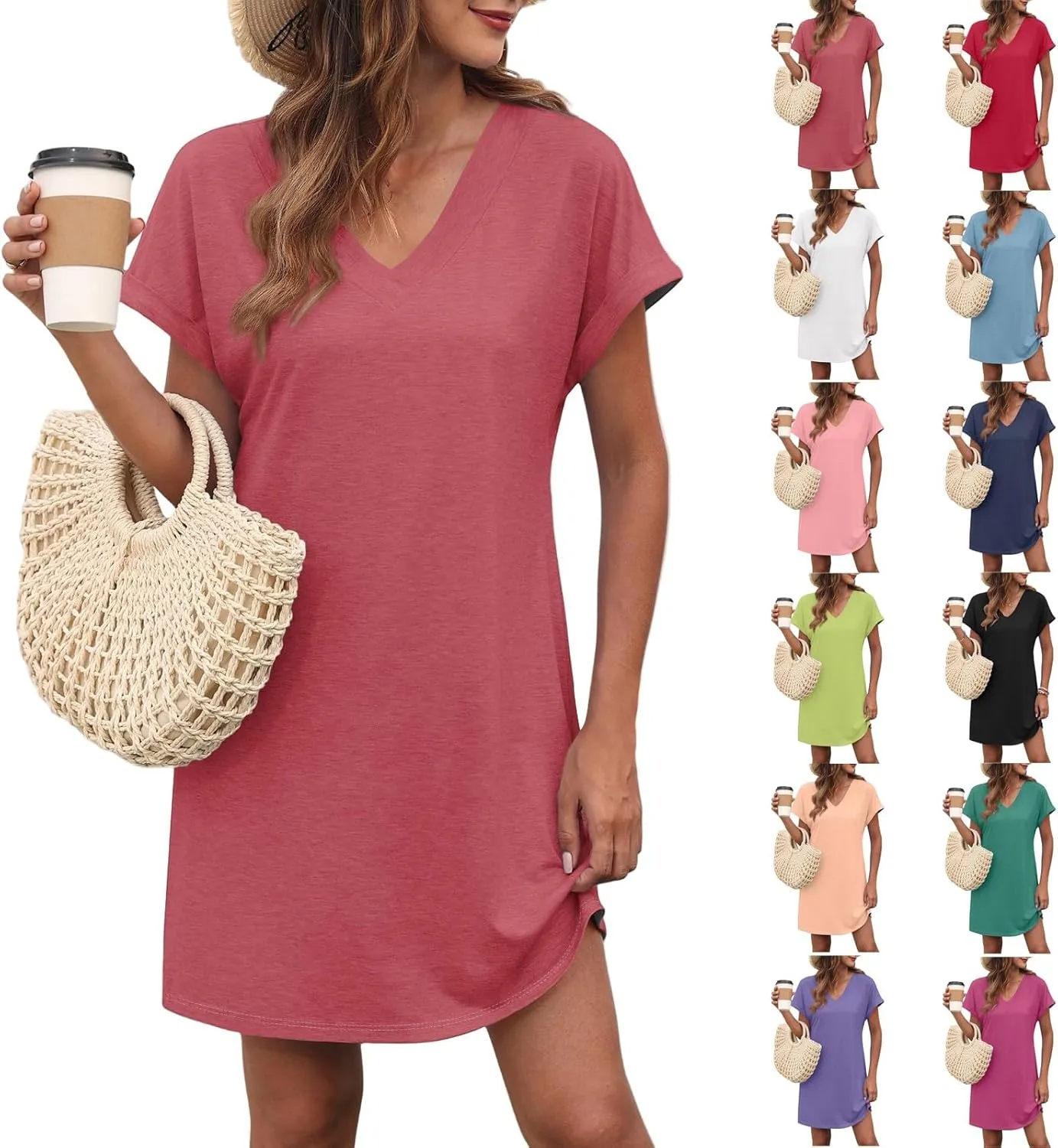 Tshirt Dress Women V Neck Short Sleeve Shift Mini Dresses Summer Loose Fit Dressy Casual Beach Vacation Short Dress