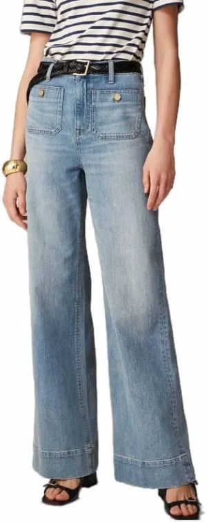 Tummy Control Sailor Wide Leg Trouser High Waisted Casual Straight Leg Jeans Buttoned Denim Pants with Pocket