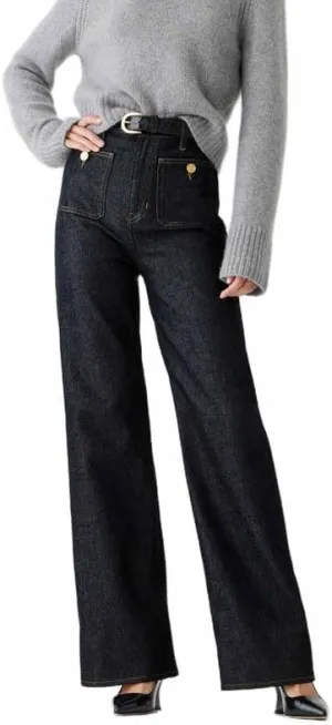 Tummy Control Sailor Wide Leg Trouser High Waisted Casual Straight Leg Jeans Buttoned Denim Pants with Pocket