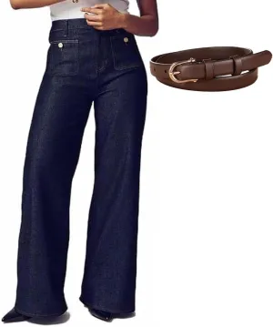 Tummy Control Sailor Wide Leg Trouser, Tummy Control Sailor Jeans for Women, High Waist Stretchy Straight Leg Pants