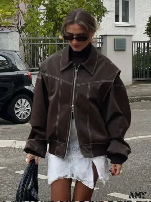 Vintage Casual Loose Turndown Collar Solid Color Outerwear Autumn New Female Jacket