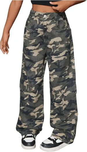WDIRARA Girl's Y2K High Waisted Wide Leg Camo Jeans Elastic Baggy Denim Pants with Pockets