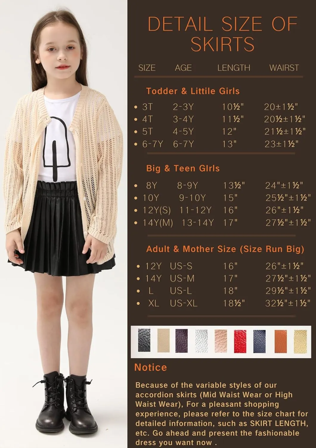 WELAKEN Pu Leather Skirts for Girls Kids & Teen & Toddler & Women Faux Leather Pleated Skirts