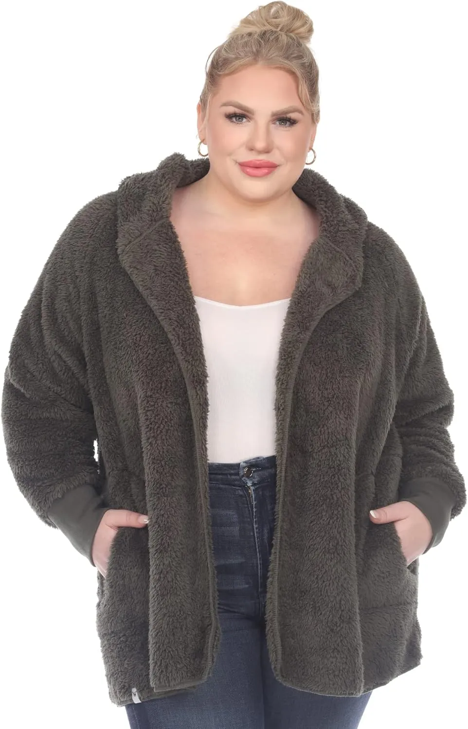 white mark Women's Super-Soft Plush Hooded Open Front Cardigan with Pockets