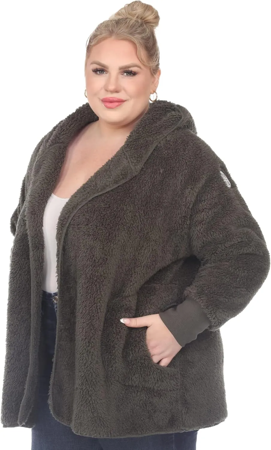 white mark Women's Super-Soft Plush Hooded Open Front Cardigan with Pockets