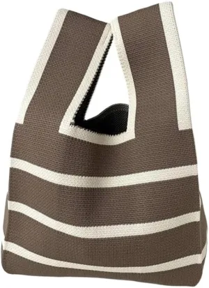 Wide Striped Handmade Knitted Handbag Minimalist Women Mini Knot Wrist Bag Tote Bag Student Reusable Shopping Bags