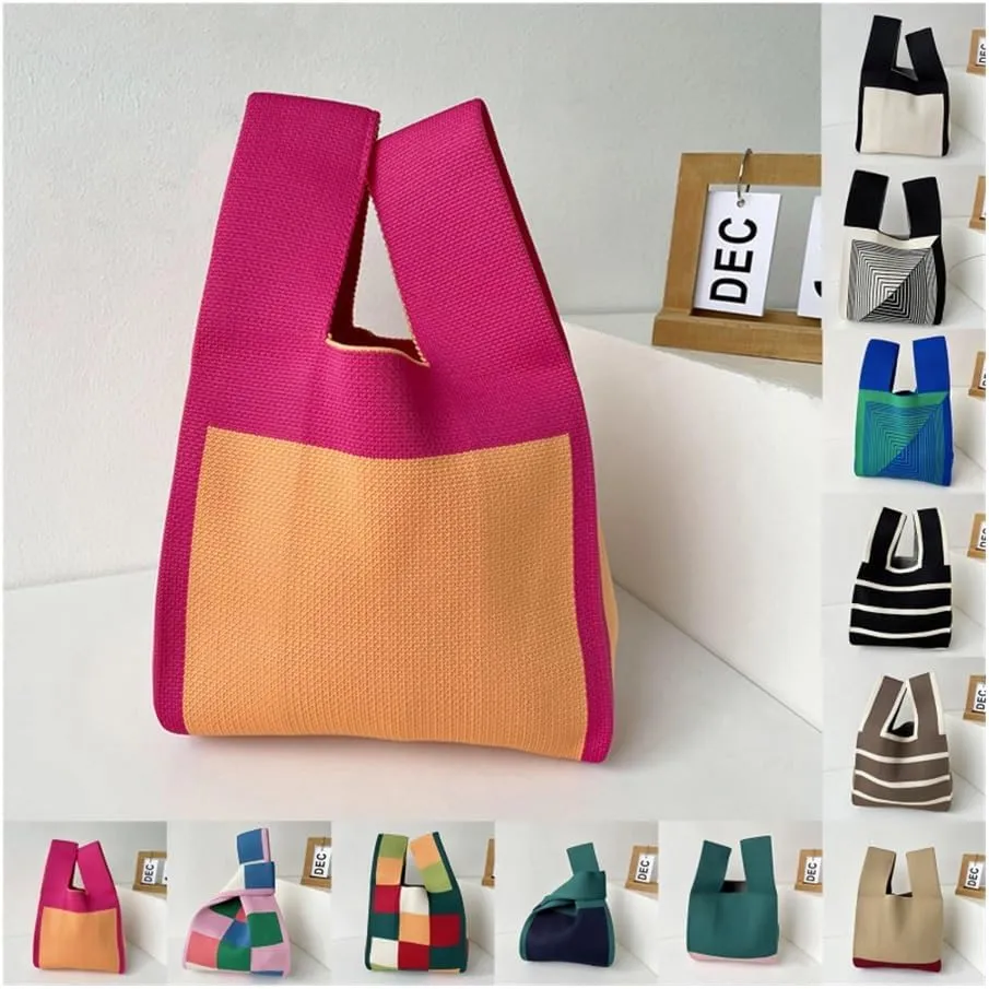 Wide Striped Handmade Knitted Handbag Minimalist Women Mini Knot Wrist Bag Tote Bag Student Reusable Shopping Bags