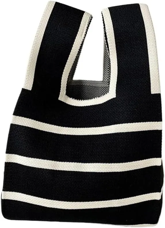 Wide Striped Handmade Knitted Handbag Minimalist Women Mini Knot Wrist Bag Tote Bag Student Reusable Shopping Bags