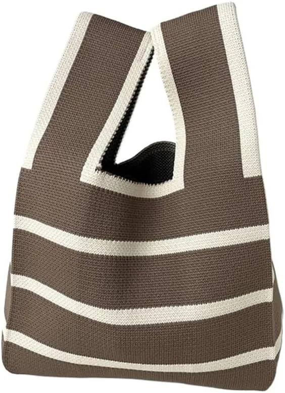 Wide Striped Handmade Knitted Handbag Minimalist Women Mini Knot Wrist Bag Tote Bag Student Reusable Shopping Bags