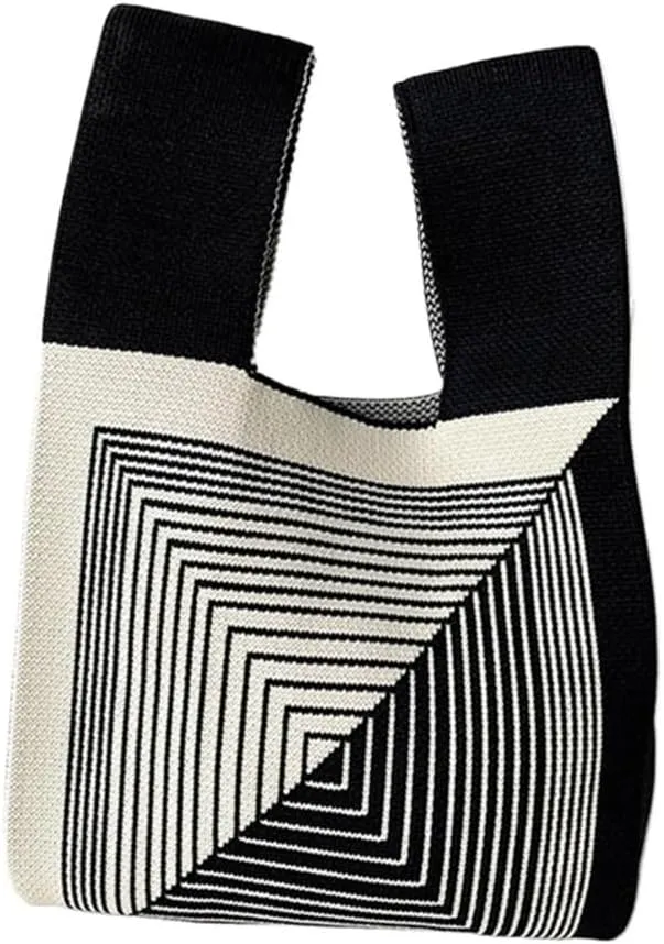 Wide Striped Handmade Knitted Handbag Minimalist Women Mini Knot Wrist Bag Tote Bag Student Reusable Shopping Bags