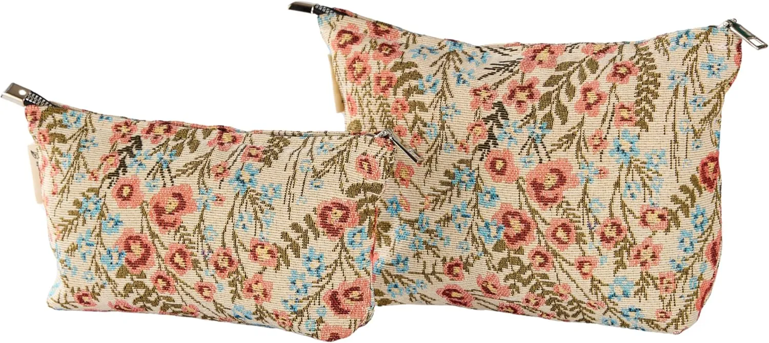 Wildflower Print Canvas Makeup Bag for Women Girls, Large Capacity Trendy Travel-Friendly Cosmetic Bag, Secure Metal Zipper Pouch Aesthetic Toiletry Bag Organizer (Set of 2)