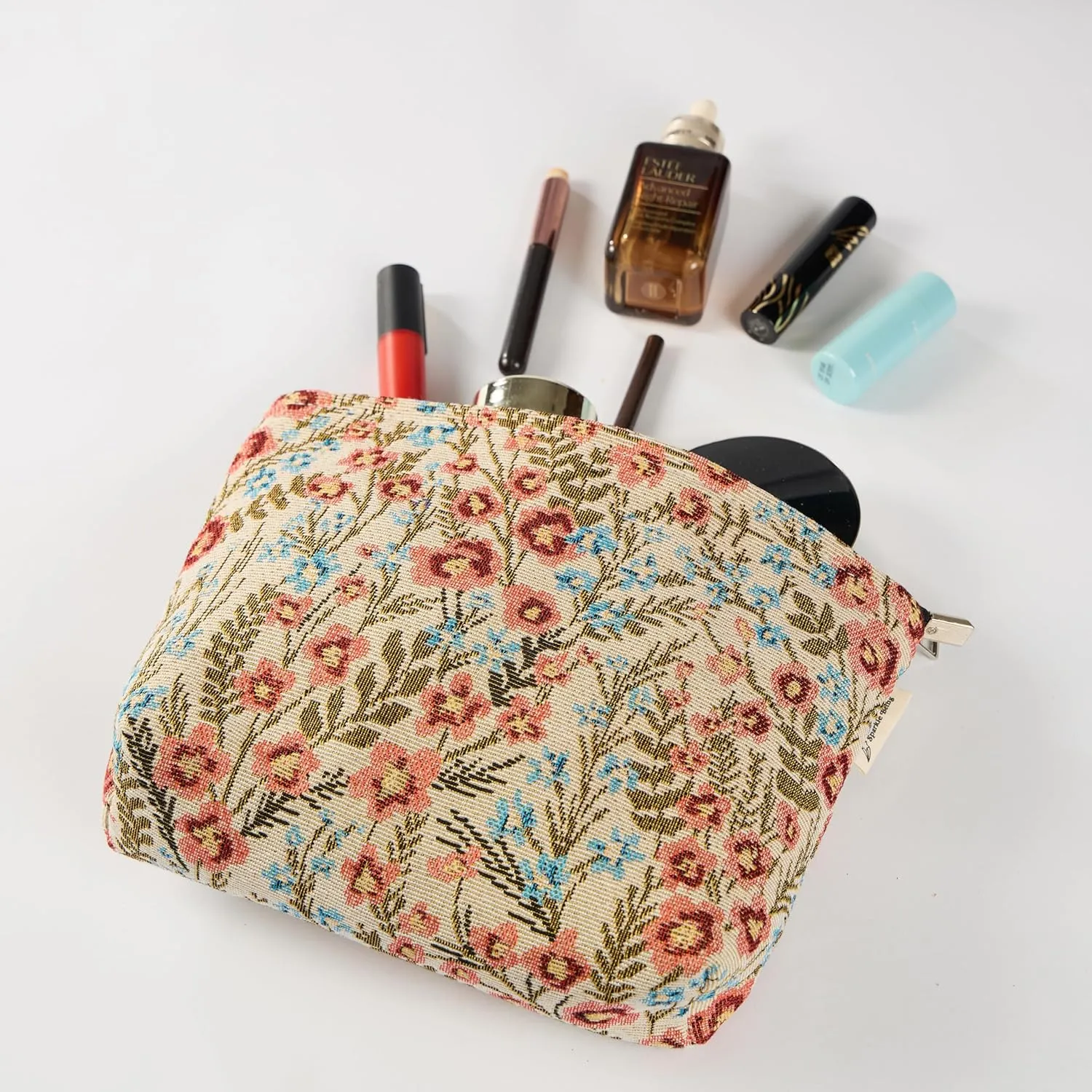 Wildflower Print Canvas Makeup Bag for Women Girls, Large Capacity Trendy Travel-Friendly Cosmetic Bag, Secure Metal Zipper Pouch Aesthetic Toiletry Bag Organizer (Set of 2)