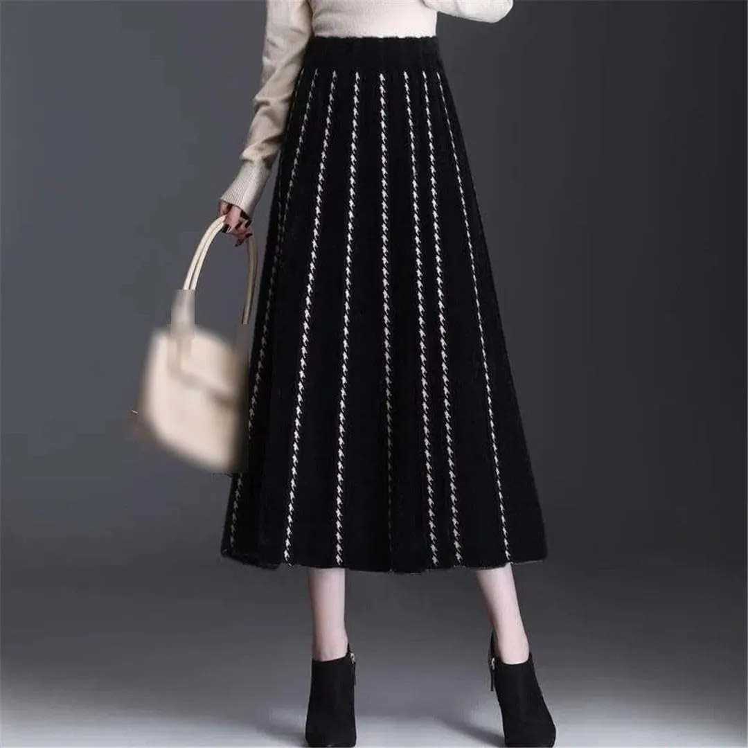 Winter Thick Mink Fleece Pleated Skirt Women Autumn High Waist Midi Knitted Skirt Korean Jacquard Long A-Line Skirts