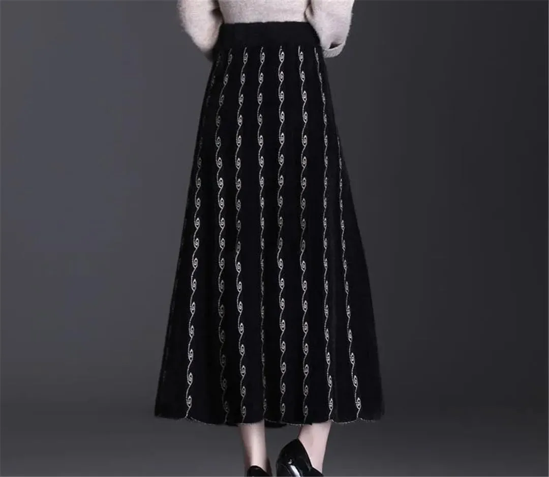 Winter Thick Mink Fleece Pleated Skirt Women Autumn High Waist Midi Knitted Skirt Korean Jacquard Long A-Line Skirts