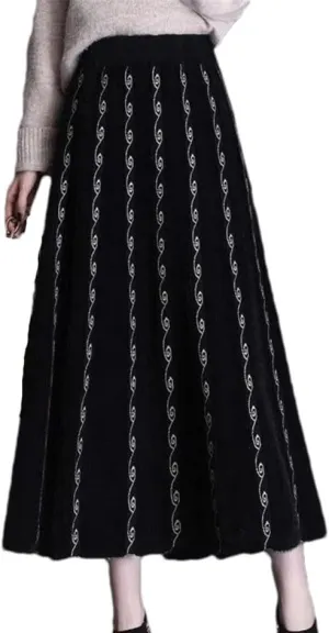 Winter Thick Mink Fleece Pleated Skirt Women Autumn High Waist Midi Knitted Skirt Korean Jacquard Long A-Line Skirts