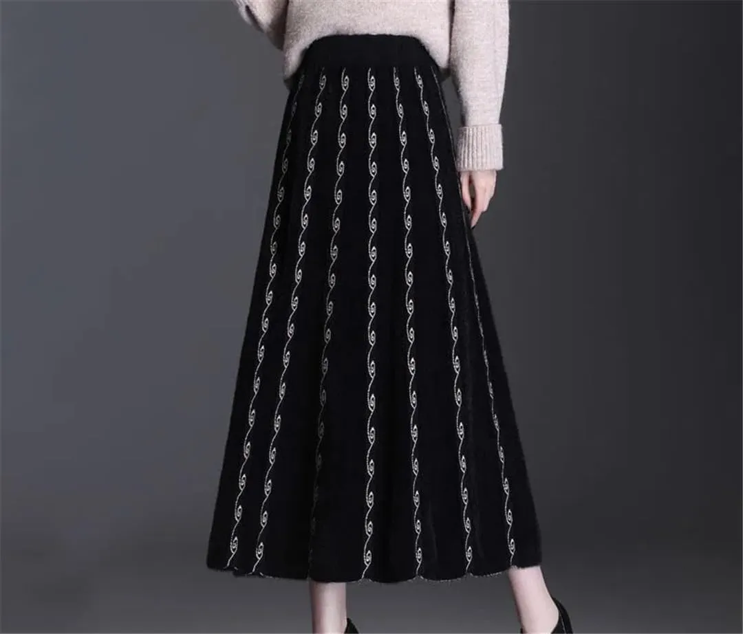 Winter Thick Mink Fleece Pleated Skirt Women Autumn High Waist Midi Knitted Skirt Korean Jacquard Long A-Line Skirts