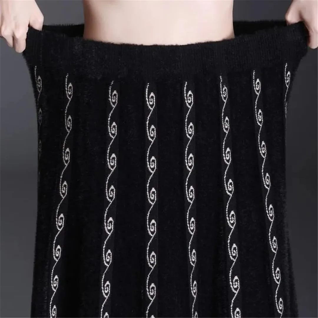 Winter Thick Mink Fleece Pleated Skirt Women Autumn High Waist Midi Knitted Skirt Korean Jacquard Long A-Line Skirts