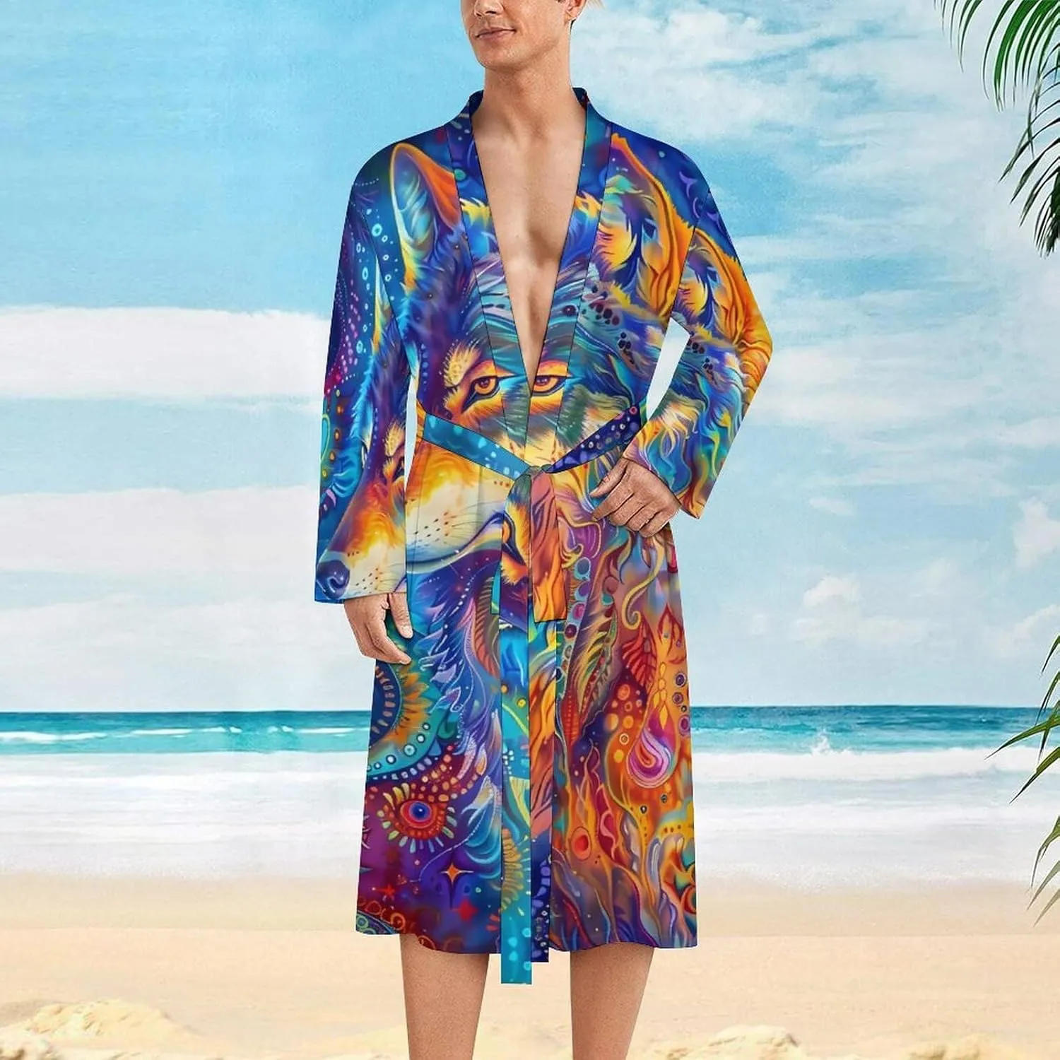 Wolf Mens Lightweight Robe Soft Bathrobe Knee Length Robe Spa Sleepwear Loungewear