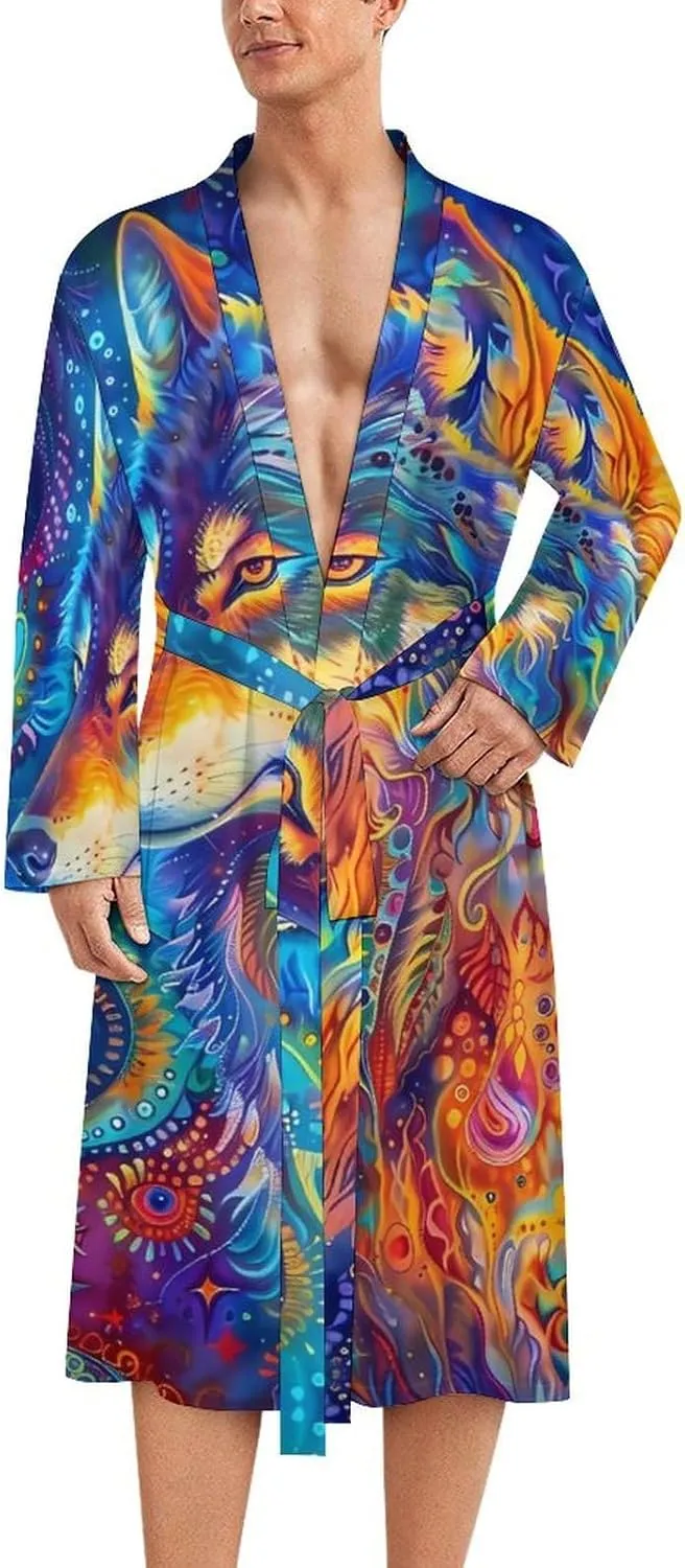 Wolf Mens Lightweight Robe Soft Bathrobe Knee Length Robe Spa Sleepwear Loungewear