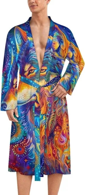 Wolf Mens Lightweight Robe Soft Bathrobe Knee Length Robe Spa Sleepwear Loungewear