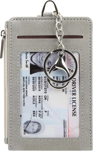 Women & Men Keychain Card Holder Case Zipper Slim Minimalist Front Pocket Wallet with 2 ID Window, Grey