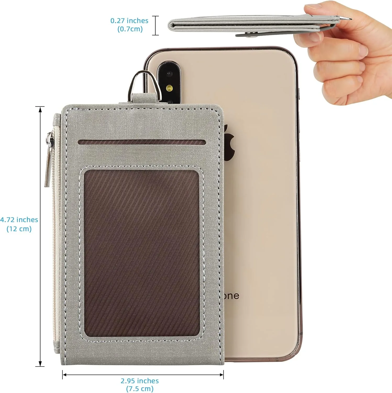 Women & Men Keychain Card Holder Case Zipper Slim Minimalist Front Pocket Wallet with 2 ID Window, Grey