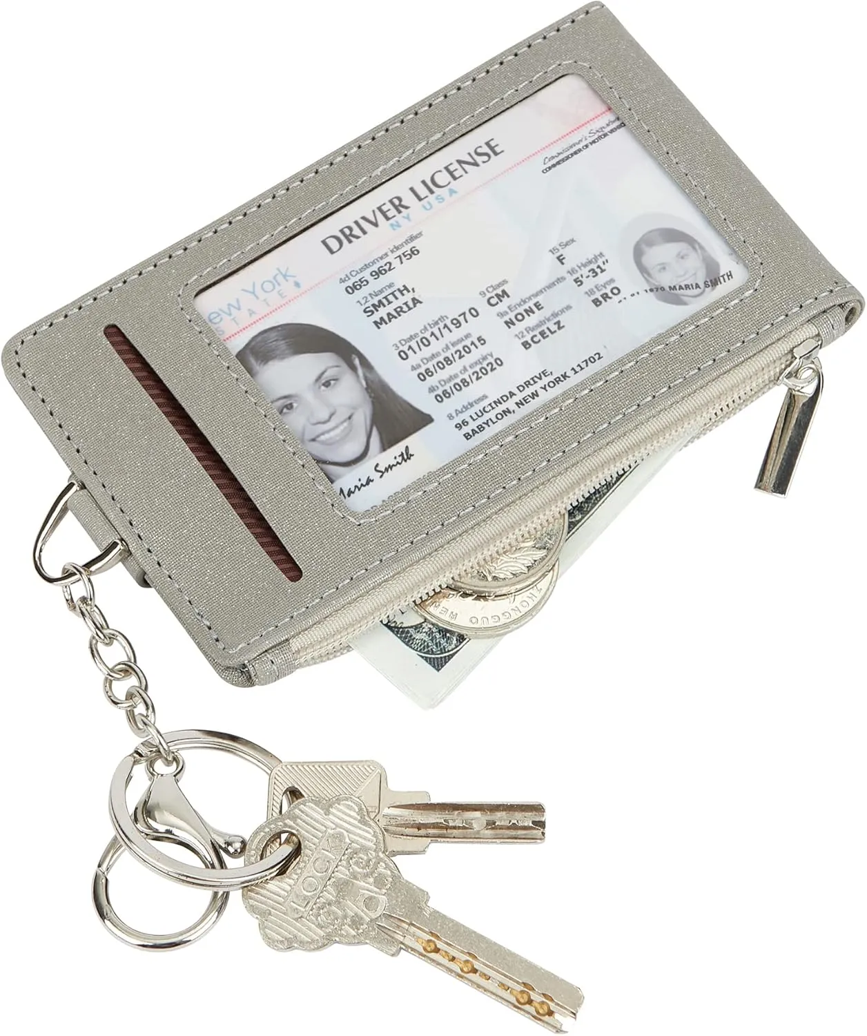 Women & Men Keychain Card Holder Case Zipper Slim Minimalist Front Pocket Wallet with 2 ID Window, Grey