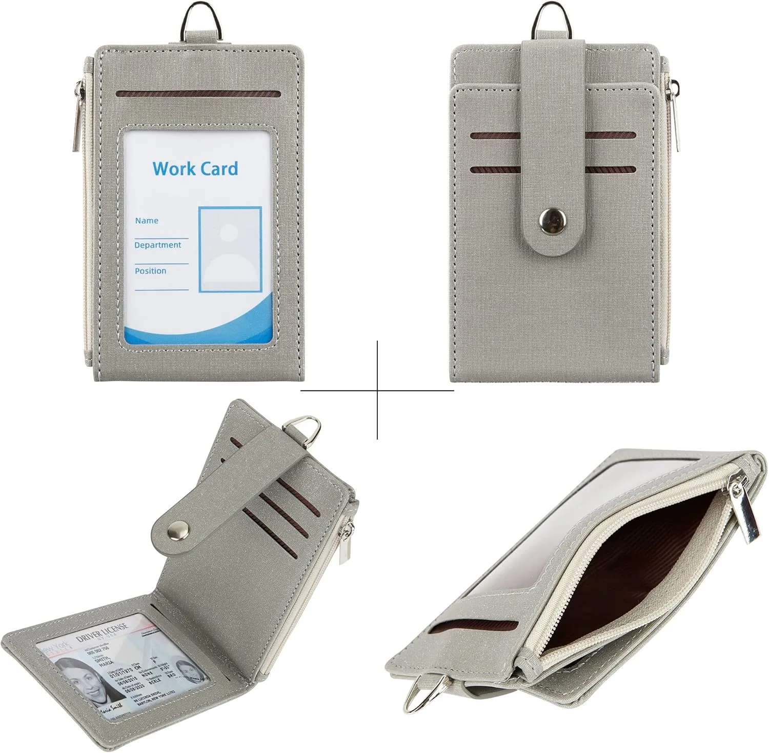 Women & Men Keychain Card Holder Case Zipper Slim Minimalist Front Pocket Wallet with 2 ID Window, Grey