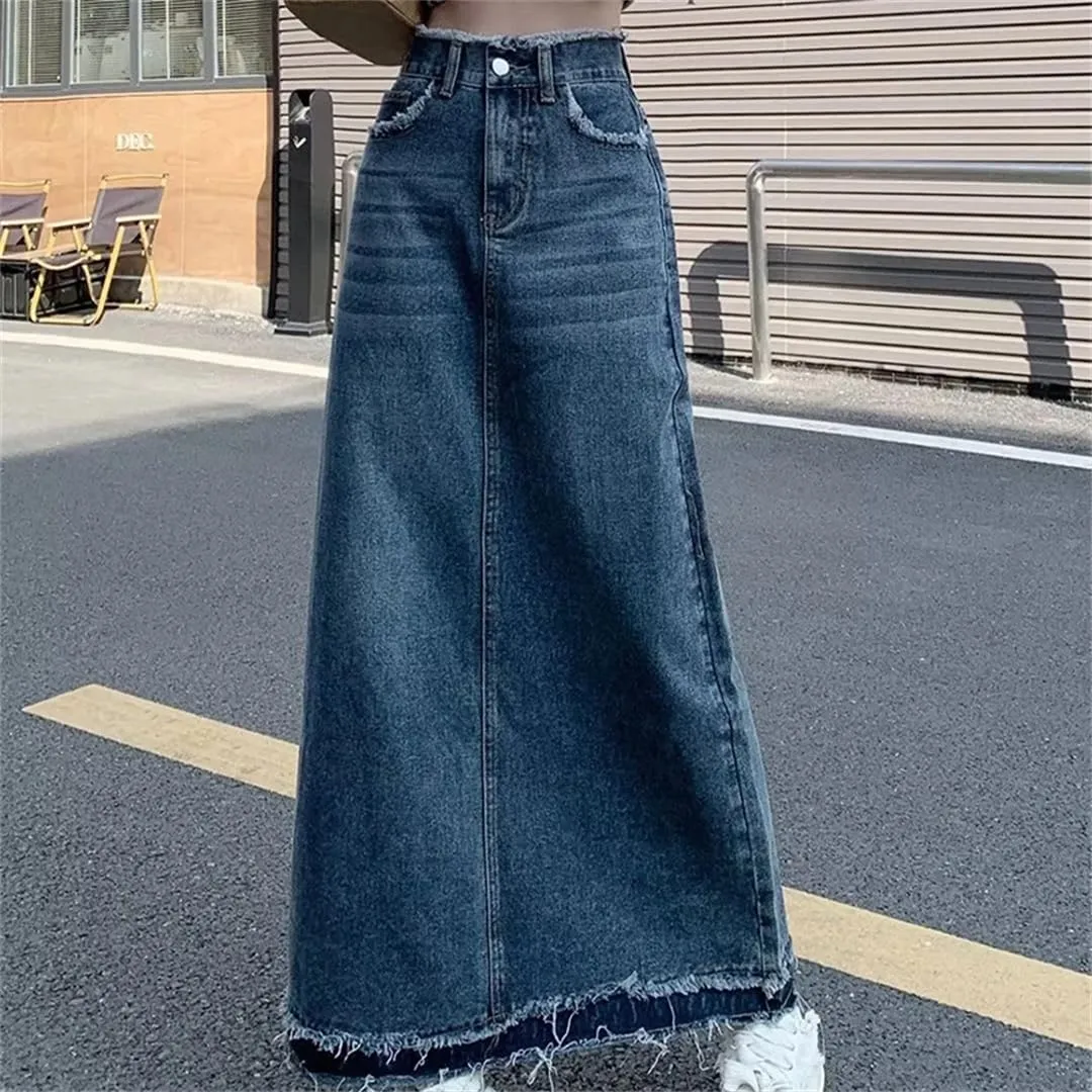 Women Casual High-Waisted A-Line Skirt Summer Rough Edge Skirt Loose Denim Skirts