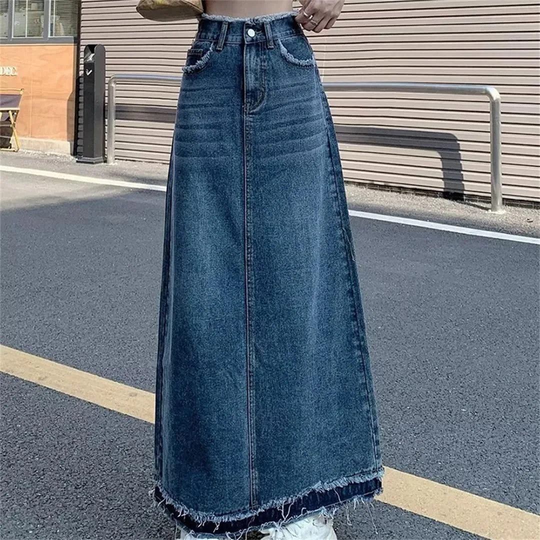 Women Casual High-Waisted A-Line Skirt Summer Rough Edge Skirt Loose Denim Skirts