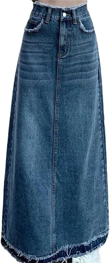 Women Casual High-Waisted A-Line Skirt Summer Rough Edge Skirt Loose Denim Skirts