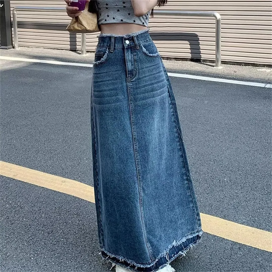 Women Casual High-Waisted A-Line Skirt Summer Rough Edge Skirt Loose Denim Skirts