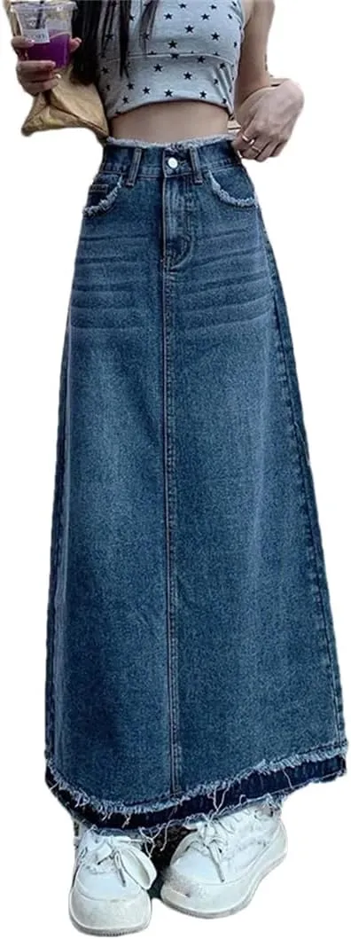 Women Casual High-Waisted A-Line Skirt Summer Rough Edge Skirt Loose Denim Skirts