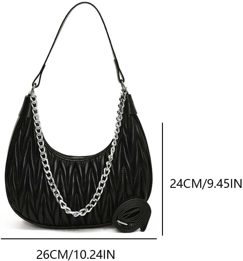 Women Chain Crossbody Bag PU Leather Fashionable Half Moon Bag Large Capacity Minimalist Satchel Bag Daily Bag for L
