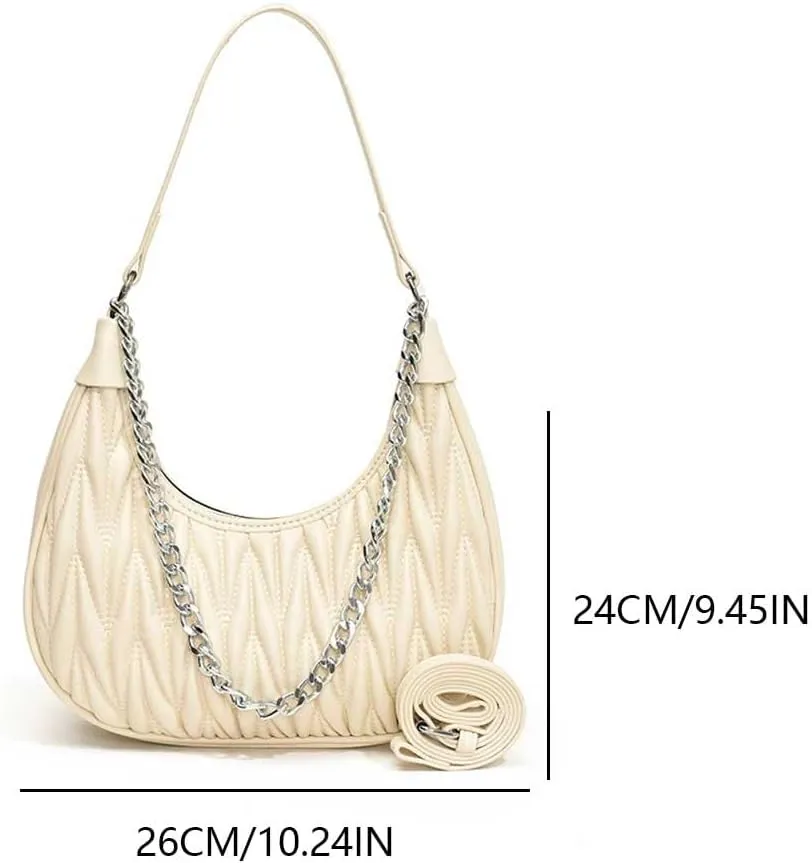 Women Chain Crossbody Bag PU Leather Fashionable Half Moon Bag Large Capacity Minimalist Satchel Bag Daily Bag for L